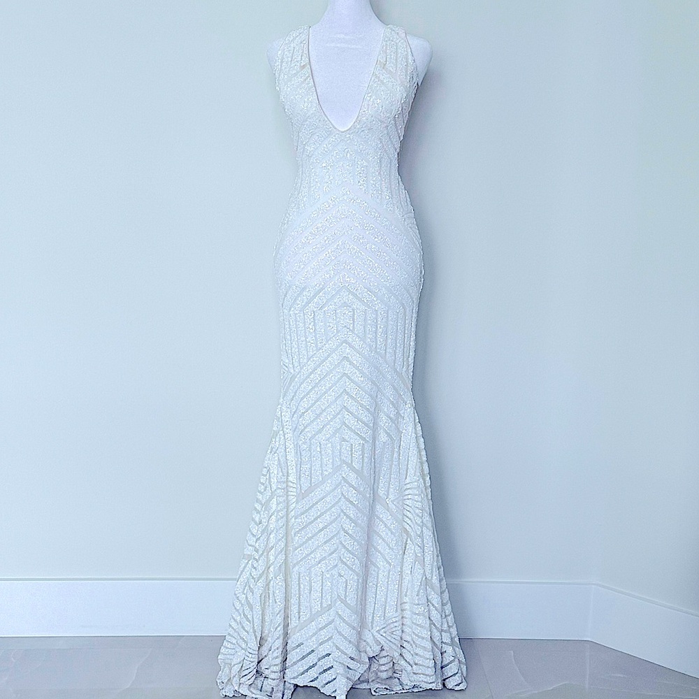 NWT: Jovani - White Sequin Deep V & Open Back Mermaid Dress